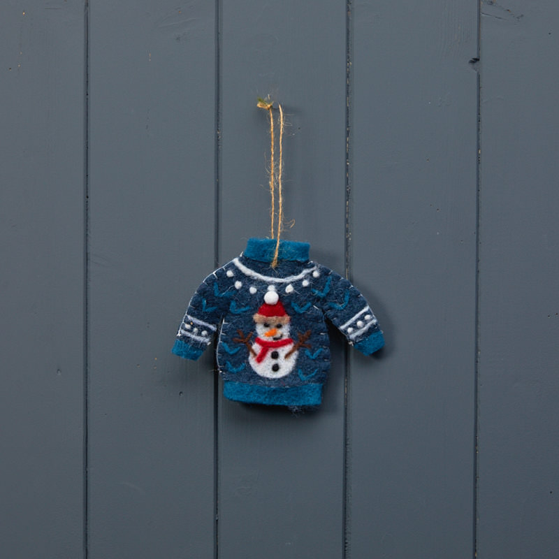 Teal felt jumper with snowman detail page